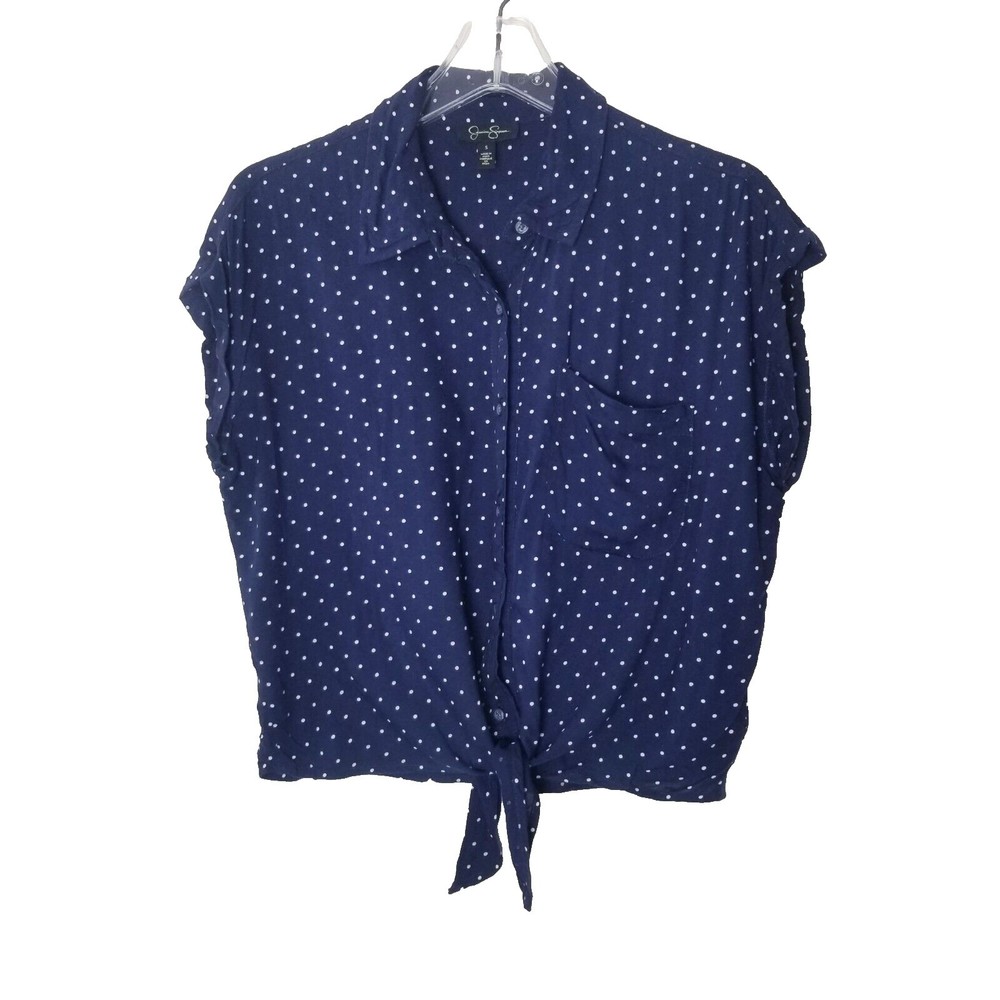 Jessica Simpson Polka Dot Shirt Women Size Small Blue White Front Tie